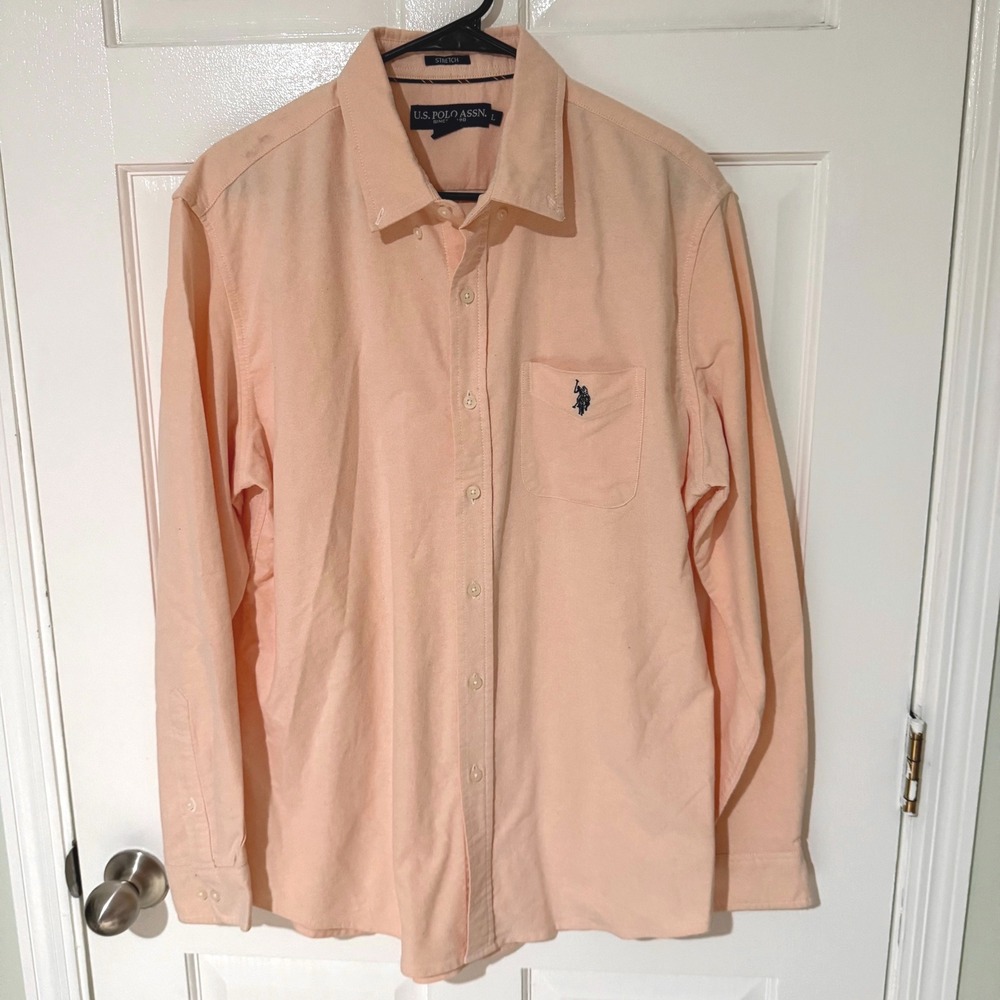 US Polo Assn Mens Large Peach Orange Stretch Button Down Oxford Shirt L/S